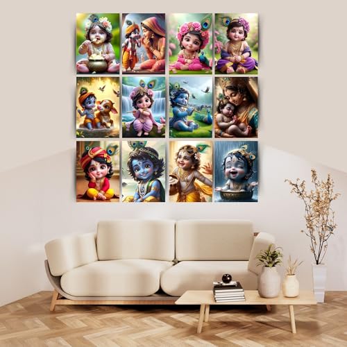 Image of Posters Inc Set of 12 Bal Krishna Stickers - Bal Gopal Cute Baby Posters for Pregnant Women, Kanha Ji HD Print on 300 GSM A4 (8x12 Inch) with Glue Dots, God Posters for Wall Decor, Living Room, Bedroom