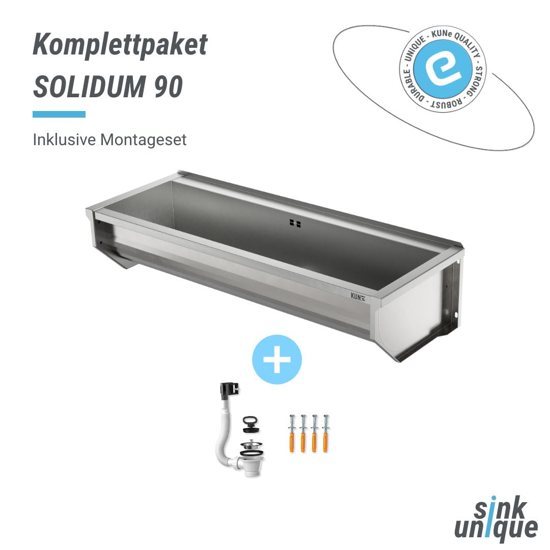 KUNe SOLIDUM 120 - Lavello in acciaio inox per montaggio a parete, dimensioni esterne 128 x 47 x 28 cm (larghezza x profondità x altezza) cm