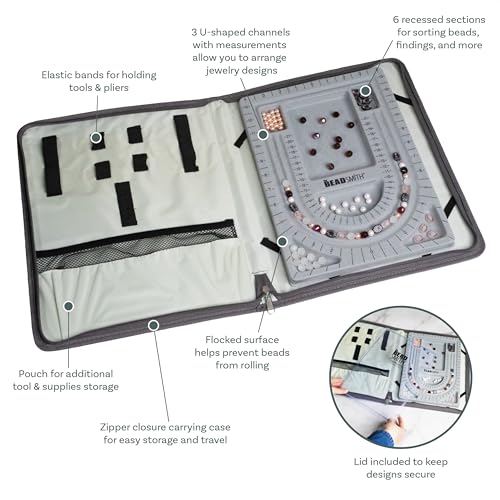 Image of The Beadsmith Bead Folio - Basic Elements | 28 inch U Channel Bead Board with Lid and a Zippered Storage Case, Keep Your Designs, Beads & Tools Secure