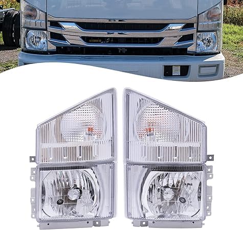 InSyoForeverEC Front Headlight Assembly For 2008-2020 ISUZU NPR NPR-HD NQR NRR,Halogen Headlight with Corner Lamp,Left Driver+ Right Passenger Side