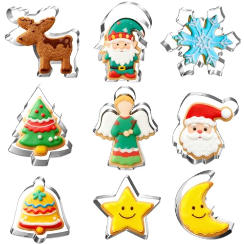 Ausstechformen Weihnachten Set-9 Stück-Wichtel, Winkel, Schneeflocke, Rentier, Weihnachtsbaum, Weihnachtsmanngesicht, Mond, Stern, Glocke, Lustig Plätzchenausstecher Keksausstecher Weihnachten