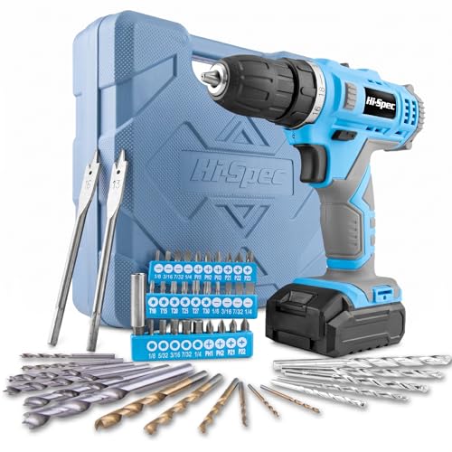 Image of Hi-Spec Cordless Drill Set 50pc 12V Electric Power Driver in a Toolbox Case. Includes Rechargeable Battery, Power Screwdriver Bits, Wood, Metal, and Masonry Drill Bit Set Accessories