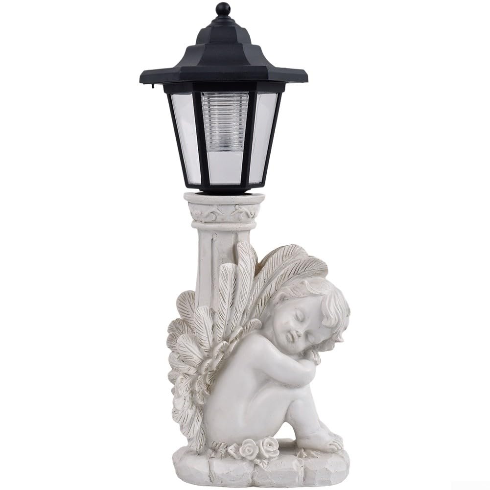 Estatua de ángel solar, luz conmemorativa de jardín de resina alimentada por energía solar, diseño de columna romana antigua para decoración de patio al aire libre (ángel de rodilla derecha)