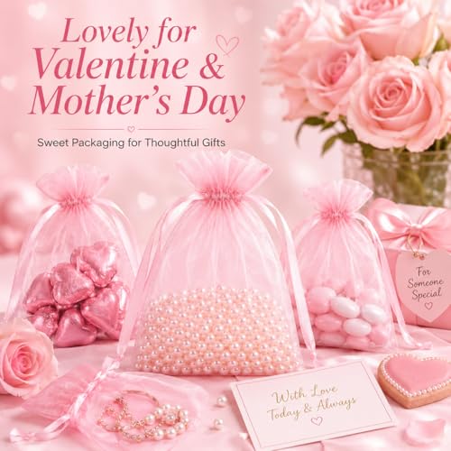 Image of Hopttreely Pink Organza Bags 4x6 Inch, 50PCS Premium 23X30 Density Mesh Drawstring Gift Bags for Women Jewelry Candy Sachet Goodie Graduation Birthday Wedding Baby Shower Party Favors