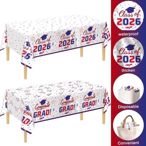 Image of Oigco 2026 Graduation Decorations, 2 Pack Red and Blue Graduation Tablecloths Class of 2026, Congrats Grad Plastic Rectangle Table Cloths for Graduation Party Decorations, 54 x 108 Inch
