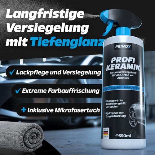 Prinox Profi Keramikversiegelung Auto Set 550 ml inkl. Mikrofasertuch - Keramik Versiegelung für perfekten Glanz mit Versiegelungs-Effekt - Premium Lackversiegelung, Flüssigglas für alle Lacke