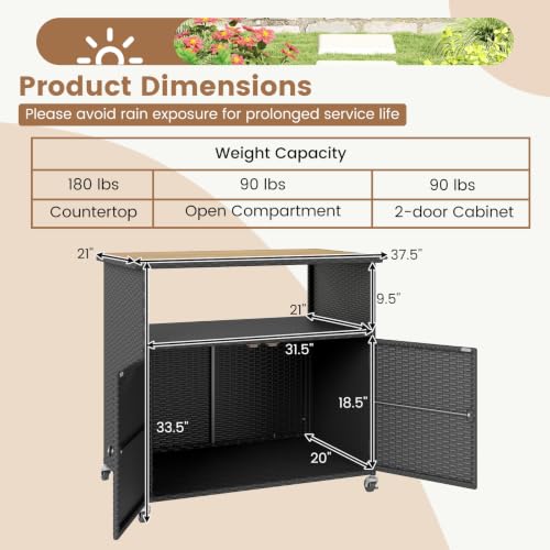Image of Tangkula Rattan Outdoor Storage Cabinet with 4 Wheels, Black