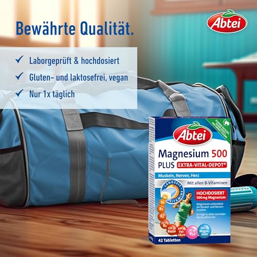Abtei Magnesium 500 Plus Extra-Vital-Depot – hochdosierte Magnesiumtabletten – mit allen B-Vitaminen – für Muskeln, Nerven und Herz – vegan – 42 Tabletten