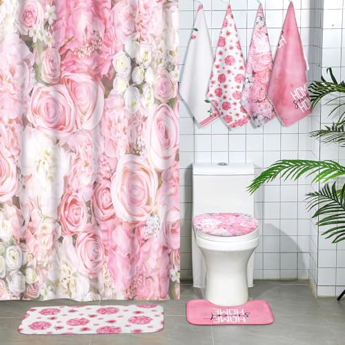 Honoson 8 Pcs Spring Rose Shower Curtain Set with Rugs and Kitchen Towels Spring Pink Flower Farmhouse Shower Curtain Bathroom Set for Farmhouse Country Summer Halloween Housewarming Gifts Decor