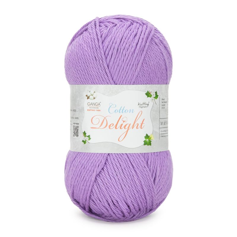 Image of Ganga Acrowools Cotton Delight, Dk Weight Cotton Yarn, Oekotex Class L Certified 100G, 169M, Pack of 1 Ball - 100gm Each, Shade No. - COD076 Lavender