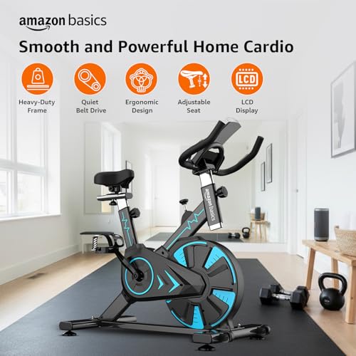 Image of Amazon Basics Spin Exercise Bike for Home & Gym | 120KG Load Capacity | Adjustable Resistance, Silent Belt Drive, Comfortable Seat Cushion | Alloy Steel | for Cardio, Cross-Training | Black