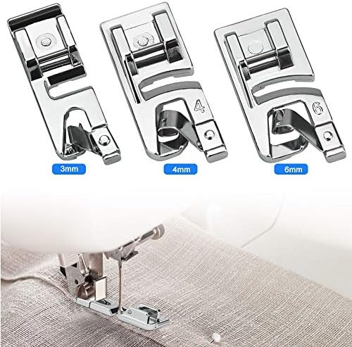 DECARETA 6 Sewing Machine Presser Kit,3 Narrow Rolled Hem Sewing Machine Presser Foot (3/4/6mm),3 Rolled Hem Pressure Foot Sewing Machine Presser Foot Hemmer Foot Set (4/8,6/8,8/8Inch) for Household