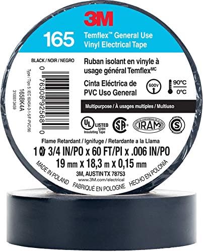 3M Temflex Multi-Purpose Vinyl Electrical Tape 165, Black, 3/4 in x 60 ft (19 mm x 18 m), 10 Roll Pack