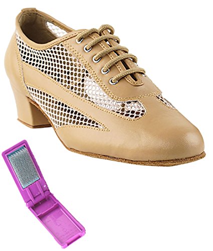 Very Fine Dance Shoes - Ladies Practice, Cuban Low Heel Ballroom Dance Shoes - 2009-1.5-inch Heel and Foldable Brush Bundle - Beige Brown Leather - 9.5