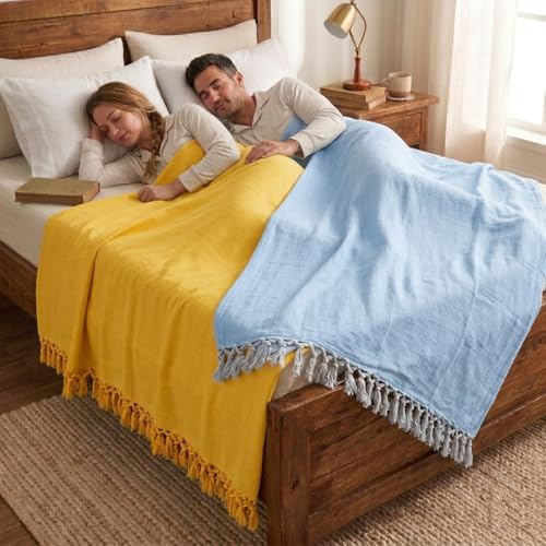 Image of OKTIC Bhagalpuri Chadar Original Combo Pack Set of 2, Eco Friendly Cotton Top Sheet for Summer Comfort, Skin Friendly Odhne Wali Bhagalpuri Chadar Bedsheet Single Size 230 x 130 cm (Yellow Sky)