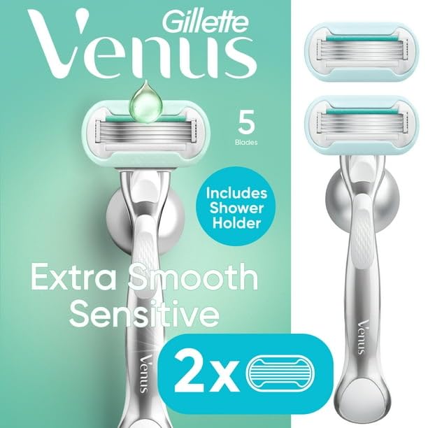 Smooth Sensitive Razor For Women, 5 Blades, Manual Razor, Handle + 2 Blade Refills, Silver, FOR SENSITIVE SKIN, 10X MORE LUBRICATION FOR PROTECTION