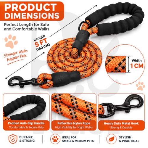Image of PetVogue FT Nylon Rope Dog Leash, Heavy Duty Training & Walking Lead for Small, Medium & Large Dogs, Reflective Pet Walking Cord with Comfortable Padded Handle & Strong Metal Clip (Orange)