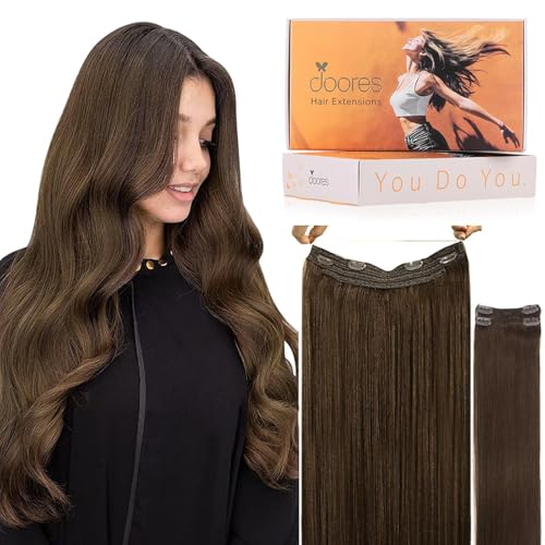 Image of DOORES Wire Hair Extensions, Chocolate Brown 16 Inch 95g Fish Line Weft Extensions and 2pcs 30g Clip ins, 125g Invisible Wire Real Remy Human Weft Straight Transparent Seamless Hairpiece
