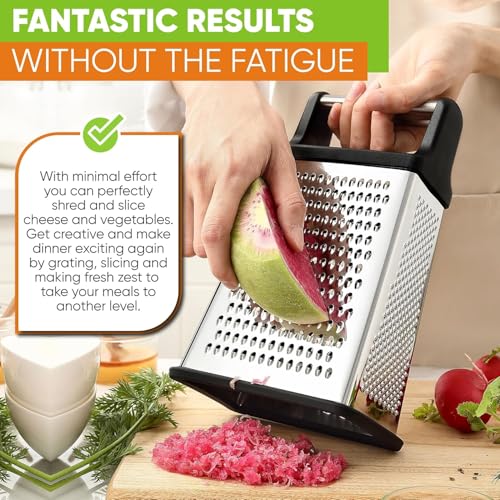 Image of XL 4-Sided Cheese Grater with Container, 100% BPA-Free Stainless Steel Box Graters, Parmesan Shredder, Grate Cheeses,kaddukash for Kitchen, Slip Resistant Handle, Kitchen Tools Black