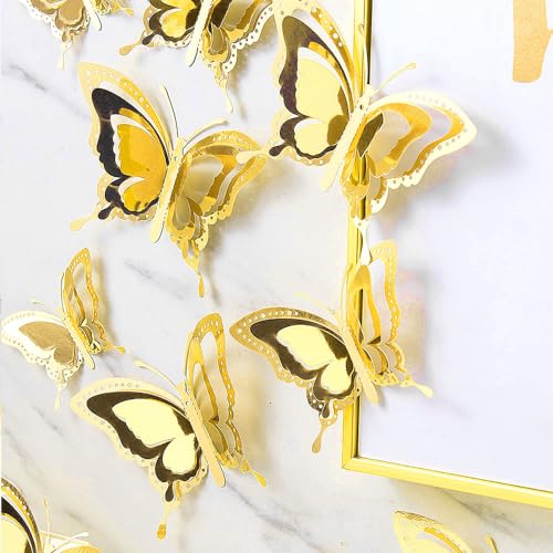 12 Pcs 3 Layers Wing Butterfly Wall Decor Gold 3D Hollow Stickers for Home Bedroom Cake Party Baby Shower Birthday Decorations