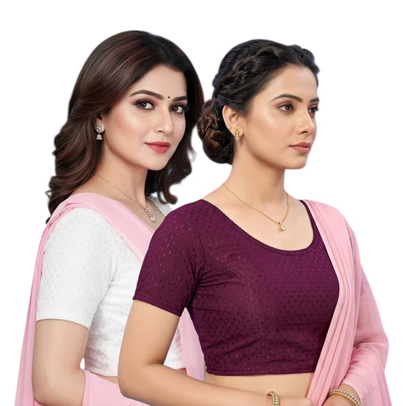 PAARTH ENTERPRIS Cotton Blend Stretchable Blouse with Round Neck & Short Sleeves Pack of 2 (White Wine)-image-8