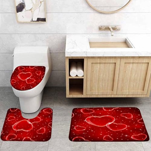 VPUPCN Valentine's Day 3 Pcs Bath Rugs Set,Red Heart Romantic Love Sweet Couple Fantasy Cute Background Bathroom Kitchen Rug with 16