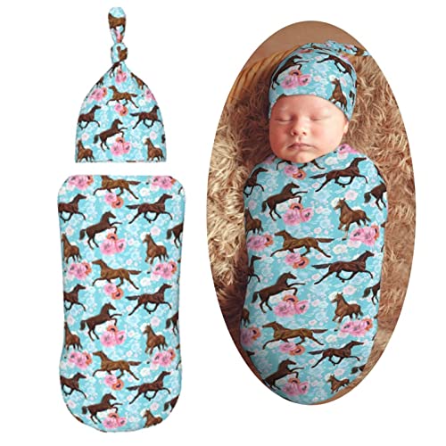 Image of Muishi Vintage Horse Flowers Newborn Swaddle Blankets Hat Sets Soft Baby Receiving Blanket Swaddle Sack for Baby Shower Infant Boy Girl Gift