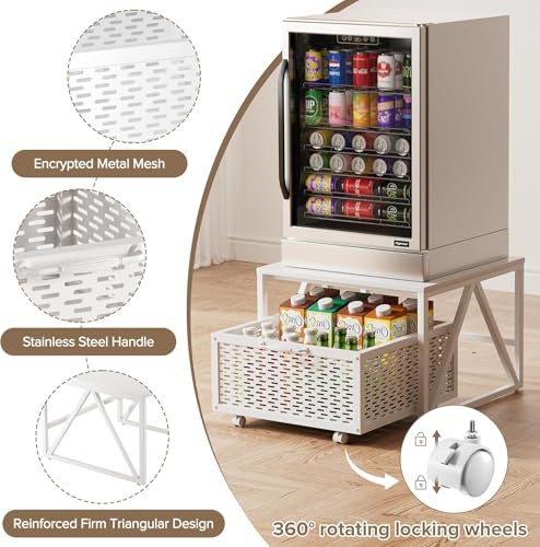 Image of 65513 Mini Fridge Stand with Storage, Heavy Duty Utility Cart with Drawer Basket,Night Table, Kitchen Trolley Mobile Fridge Stand with Swivel Wheels for Dorm,Office,Home,White