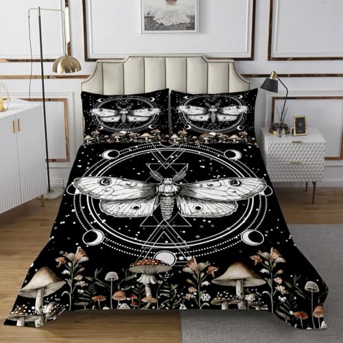 Bohemia Moth Bedspread Queen Size Exotic Constellation Coverlet Set Kids Room Present Mushroom Botanical Leaves Bedroom Decor Bedding Set Butterfly Animal Bedding with 2 Pillowcases