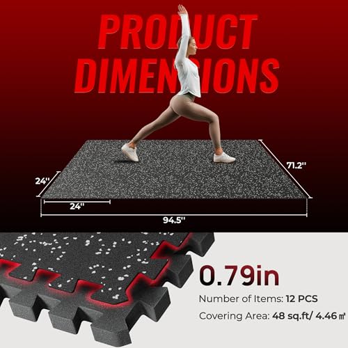 Image of SUPERJARE 0.79'' Extra-Thick Exercise Equipment Mats, 12 Pcs 48 Sq Ft Rubber Top Floor Tiles with High Density EVA Foam, Interlocking Gym Flooring for Home Gym, Workout Mat, Black /Grey