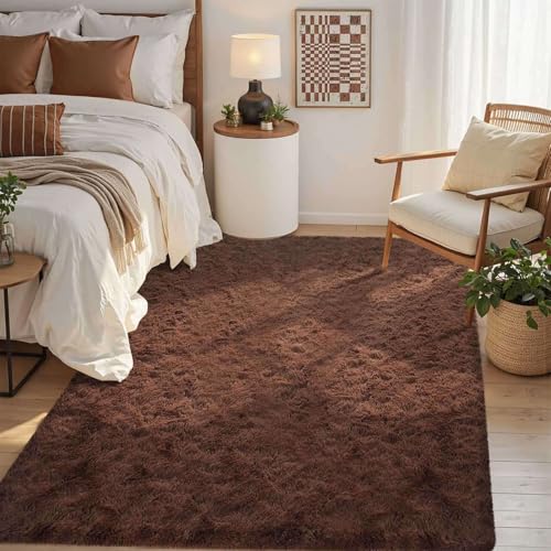 Coffee Brown 4x6 ft Fluffy Rug for Living Room,Fur Bedroom Area Rugs Non-Slip,Carpet for Nursery Kids PlayRoom Indoor Modern Plush Carpets