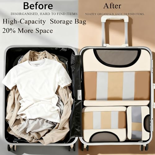 6PCS Travel Packing Organiser Set, Clear EVA Packing Cube for Suitcase,Visible Luggage Organiser Bag for Backpack, Ultralight Oxford Fabric Packing Cube for Home/Vacation/Camping/Essentials-Off White - Image 6