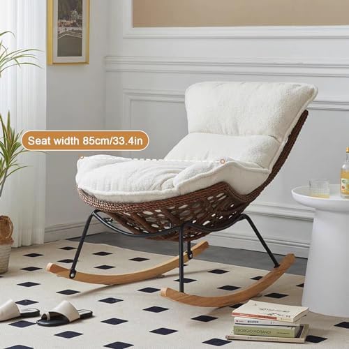 Patio Leisure Rocking Chairs，Patio Rattan Rocker Chair,Teddy Fabric Upholstered Glider Rocker with High Backrest, Modern Rocking Chairs Comfy Side Chair for Nursery, Bedroom, Living Room(WHI