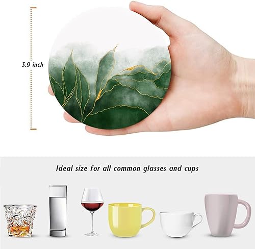 Miniatura 2 de LOKMU Posavasos para bebidas, juego de 6 posavasos redondos de cerámica absorbente con soporte de metal, pintura verde y venas doradas brillantes