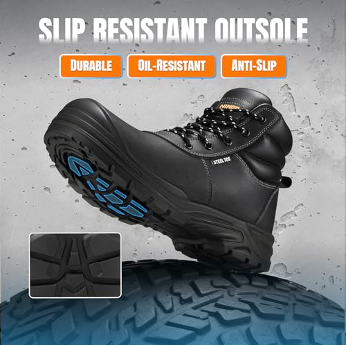 Image of NINGO Steel Toe Work Boots for Men, Non Slip & Puncture Resistant Construction Boots with Breathable Lining, EH Protection, Comfortable Mens Safety Leather Work Shoes for Industrial, Walking Warehouse