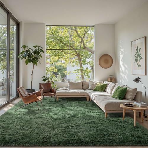 8x10 Area Rugs for Living Room Green Fluffy Shag Rug,Plush Bedroom Grass Carpet for Kids Teens Indoor Classroom Home Decor Aesthetic