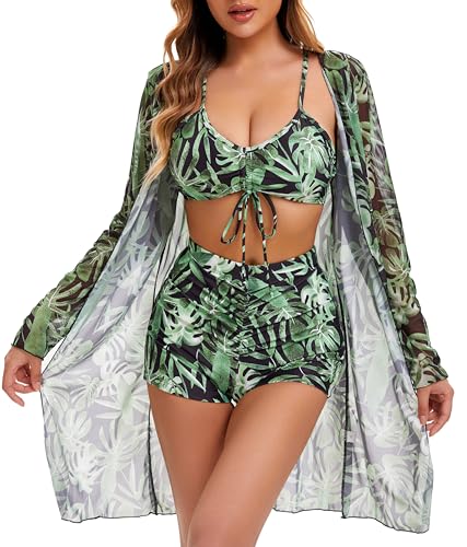 Yknktstc Womens 3 Pieces Bikini Set Swimsuit Tropical Beach Cover up Kimono Swimwear Bathing Suit with Boy Shorts