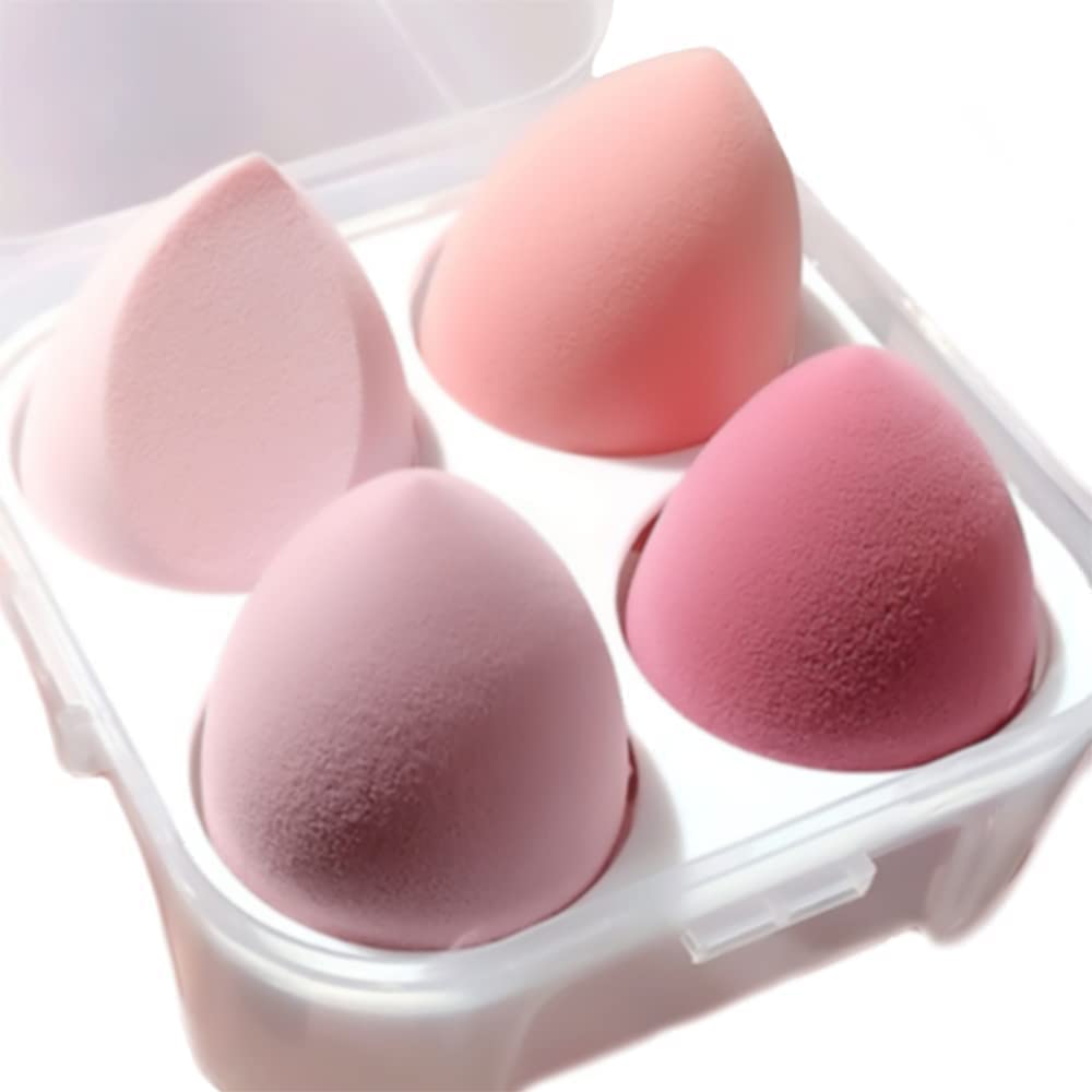 Juego de 4 esponjas de maquillaje rosa corrector y base, 4 esponjas suaves con funda de esponja de maquillaje para resultados profesionales