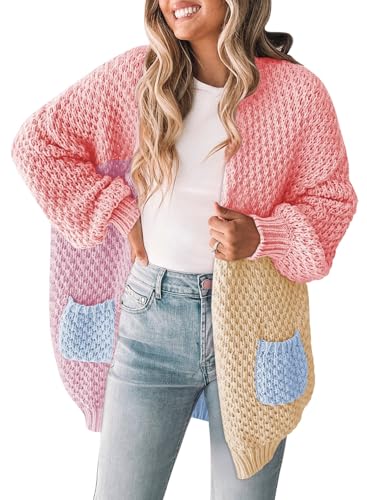 Pink Queen Women 2025 Fall Oversized Sweaters Cardigan Lantern Sleeve Chunky Knit Outwear Coats with Pockets