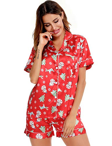 Image of SWOMOG Womens Silk Satin Pajamas Set Short Sleeve Sleepwear Button Down Top and Shorts Loungewear 2 Piece Pjs Set XS-3XL