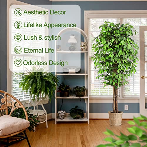 Image of 7ft Large Ficus Artificial Trees with Natural Curved Trunks, 84 inch Tall Lush Faux Tree for Home Decor Indoor, Green Lifelike Fake Ficus Tree Artificial Plants in Pot（Set of 2）