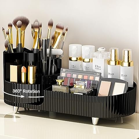 Rotating Makeup Organizer for Vanity with Brush Holder, Cosmetic Makeup Storage Organizer, Large Spinning Makeup Skincare Organizer, Countertop Makeup Perfume Organizer, Lotions Display Case (Black) Cover