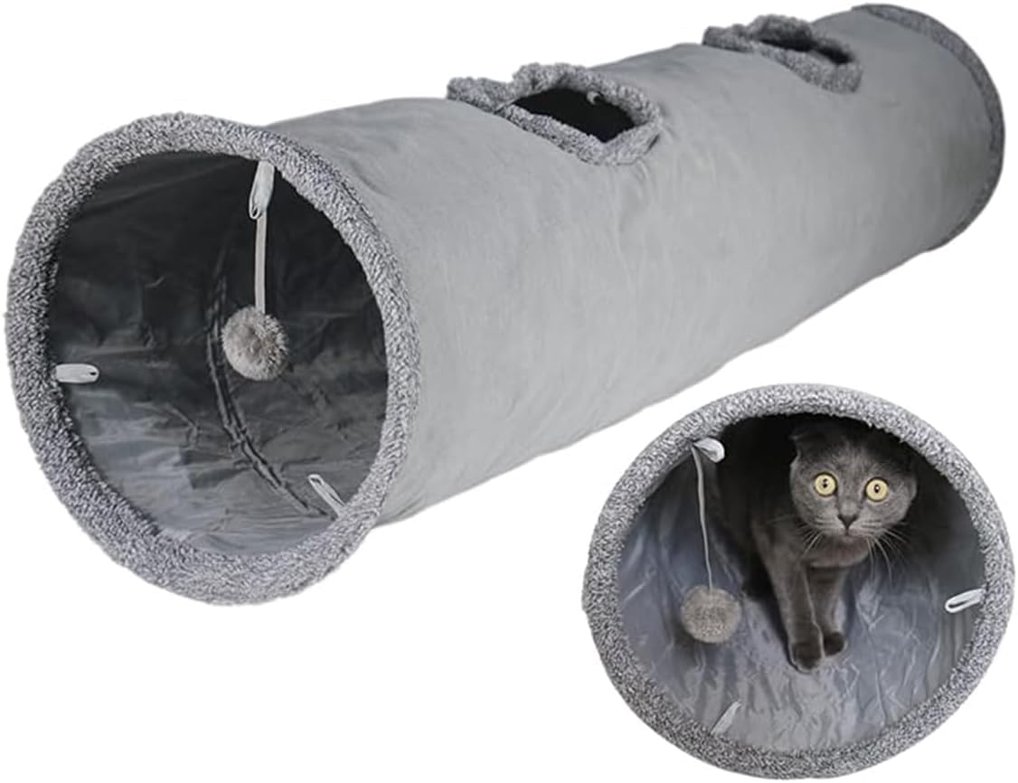 Felizzyroo Extra Long Cat Tunnel, Collapsible Suede Play Tunnel with Jingle Ball & Peekaboo Holes for Cats, Kittens, Rabbits & Puppies (Grey),30 * 130cm