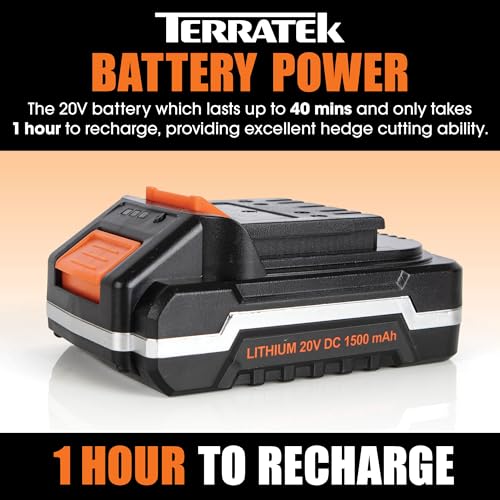Terratek Cordless Hedge Trimmer Long Reach 20V 1HR Fast Charge, 2.4m Telescopic Hedge Trimmer Cordless Hedge Cutter with 1x Battery, Shoulder Strap and Charger Included, Grey & Orange - Image 4