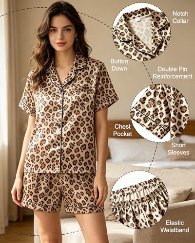 Image of 3 Piece Silk Satin Pajama Set for Women Soft Short Sleeve Button Down Pjs with Shorts Long Pants Sleepwear S-XXXL