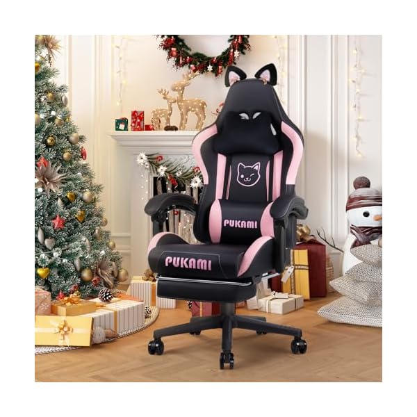 Vitesse pink gaming chair for girl with cat paw lumbar cushion and cat ears ergonomic computer chair for girl with footrest and headrest comfortable reclining pc game chair for adultkid black  urban country home decor