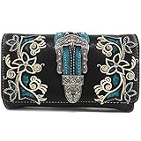 Justin West Rhinestone Cross Floral Embroidery Laser Cut Wristlet Trifold Wallet Attachable Long Strap (Black Turquoise)