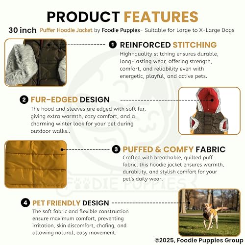 Image of Foodie Puppies Dog Puffer Hoodie Warm Winter Jacket - (Yellow Olive, 30 Inch) for Xtra Large Dogs | Ultra Warm Waterproof & Windproof Fur Coat | Washable Pet Vest Apparel for Cold Weather