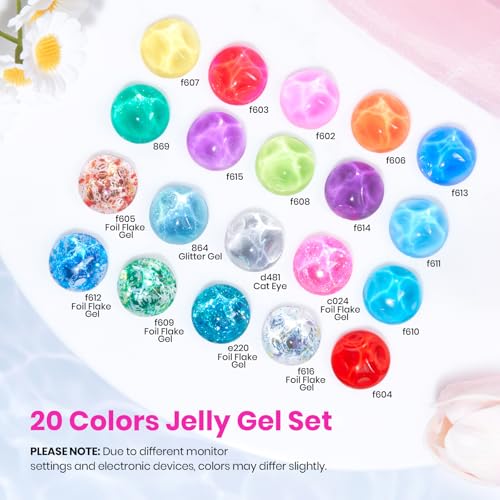 Image of Beetles Jelly Gel Nail Polish Set - 20 Colors Neon Rainbow Pink Yellow Purple Glitter Gel, Soak Off UV LED Gel Nail Kit with Base Matte Top Coat DIY Nail Art Gift for Women