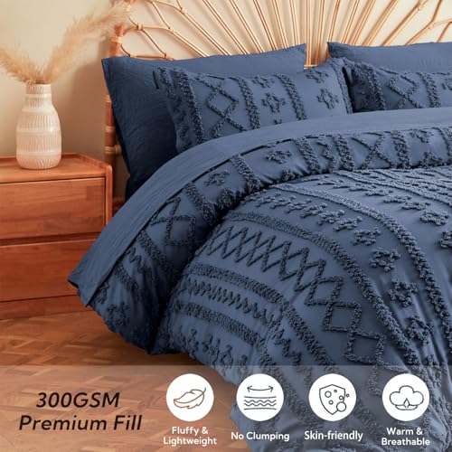 Image of MR&HM Full Size Bed Sheets and Comforter Set Navy Blue, 7 Pieces Tufted Boho Beddding Sets, Farmhouse Style Bed in a Bag with 1 Comforter, 2 Pillow Shams, 2 Pillowcases, 1 Flat Sheet, 1 Fitted Sheet